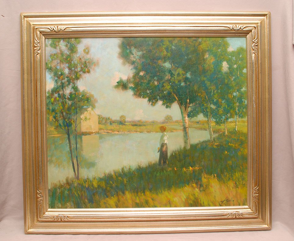 FRANK HANDLER PAINTING "LANDSCAPE-WOMAN BY RIVER":: FRANK HANDLER PAINTING "LANDSCAPE-WOMAN BY RIVER": Oil/Board, 24" x 28", signed lower right, framed