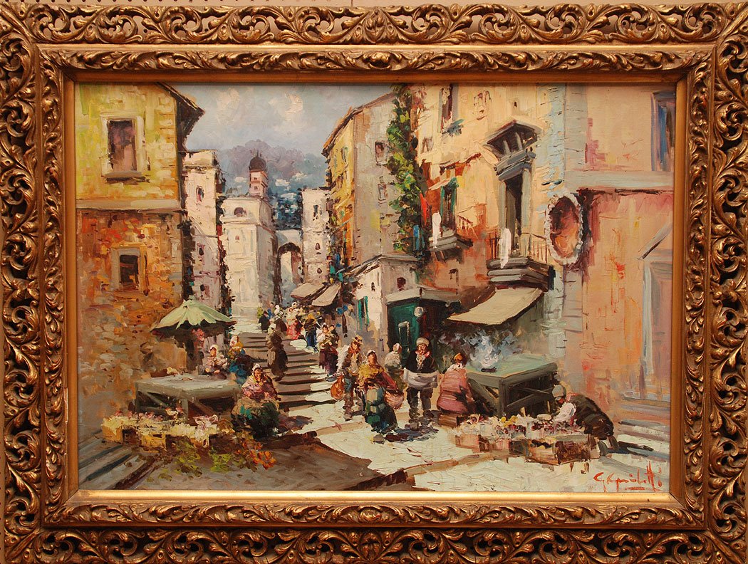 Italian School oil on canvas, Spanish Town, signed: Italian School oil on canvas, Spanish Town, signed illegibly, 27" x 39"