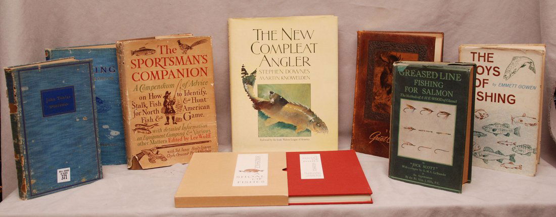 Lot of angler books, incl; (1) Greased Line Fishing for: Lot of angler books, incl; (1) Greased Line Fishing for Salmon by Jock Scott (2) The Joys of Fishing by Emmett Gowen (3) John Tobias, Sportsman - copy number 552, 1937 (spine & cover damage) (4) Fishi
