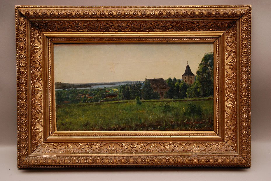Arvid Liljelund (Finland 1844 - 1899) oil on canvas, L: Arvid Liljelund (Finland 1844 - 1899) oil on canvas, Landscape, 8-1/2" x 15"