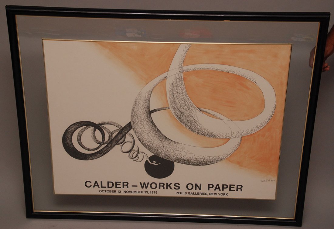 ALEXANDER (SANDY) CALDER, American 1898-1976, “Works on: ALEXANDER (SANDY) CALDER, American 1898-1976, “Works on Paper” (Perls Gallery), lithographic poster in colors, full sheet 29” x 39”, Hand signed by the artist lower right, framed. This picture