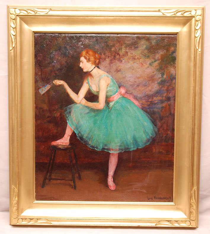 LOUIS KRONBERG, American 1872-1965, “Ballerina in Green: LOUIS KRONBERG, American 1872-1965, “Ballerina in Green Dress”, oil on canvas 22” x 18”, signed lower right, framed. Relined canvas with a bit of inpainting