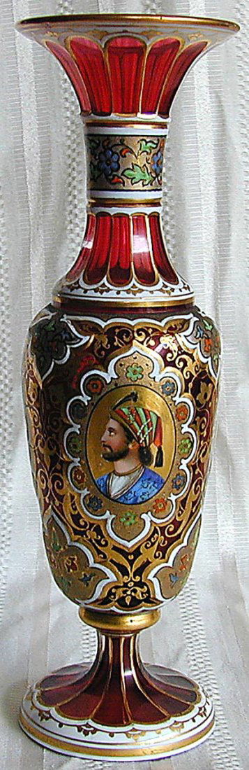 Fine 19thc Bohemian Crystal Enamel Persian Portrait Vas: Fine 19thc Bohemian Crystal Enamel Persian Portrait Vase 11"H Depicting a male painted in a fine gilt and enamel center medallion with ornately painted and enameled cartouches upon fluted base; good c