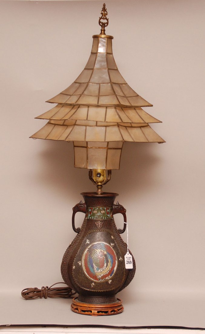 Cloisonné` Lamp with abalone pagoda form shade. Condit: Cloisonné` Lamp with abalone pagoda form shade. Condition: good. Ht. 13" Overall including shade 34"