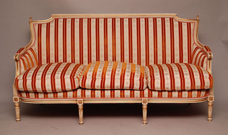 French gilt wood & upholstered settee, 37"h x 66"w x 32: French gilt wood & upholstered settee, 37"h x 66"w x 32"d (good condition)