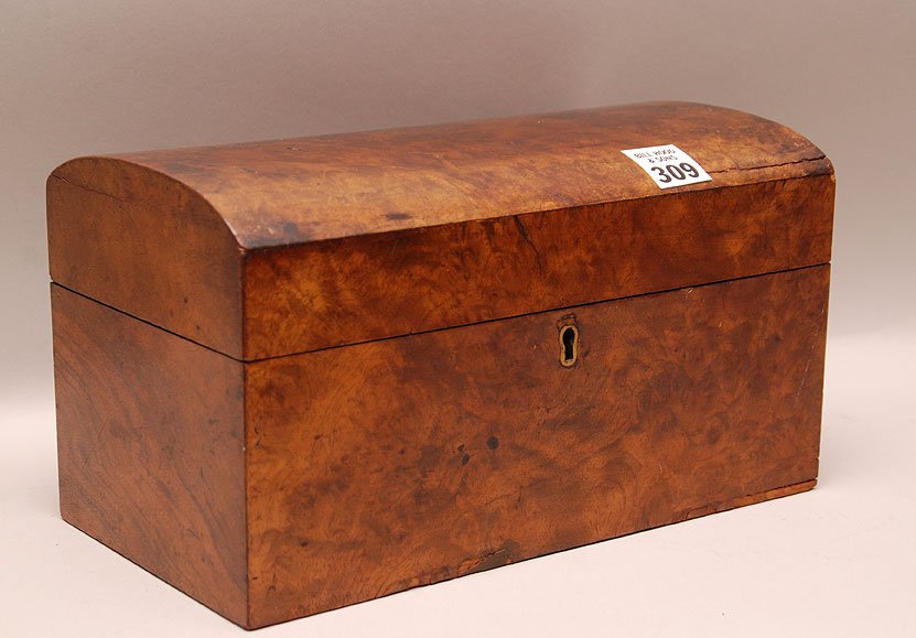 Antique Burlwood Dome Top Box. Condition: normal wear : Antique Burlwood Dome Top Box. Condition: normal wear with slight losses . Ht. 6" W. 10 1/2" D. 6"