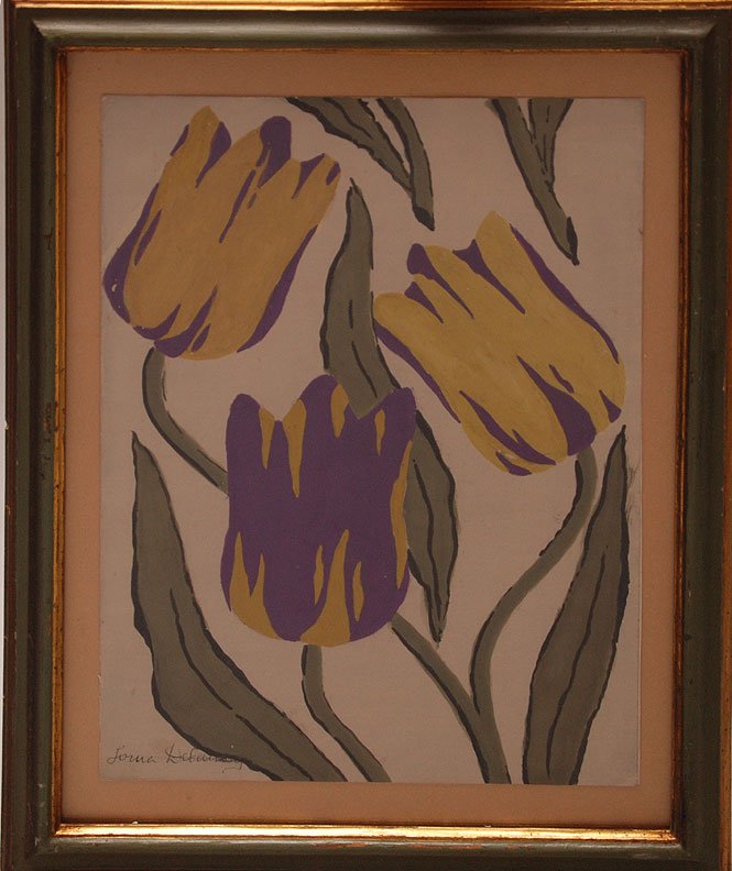 Sonia Delaunay attrib. (Ukrainian 1885-1979) tulips, go: Sonia Delaunay attrib. (Ukrainian 1885-1979) tulips, gouache, signed, image size 13 x 9 ½“