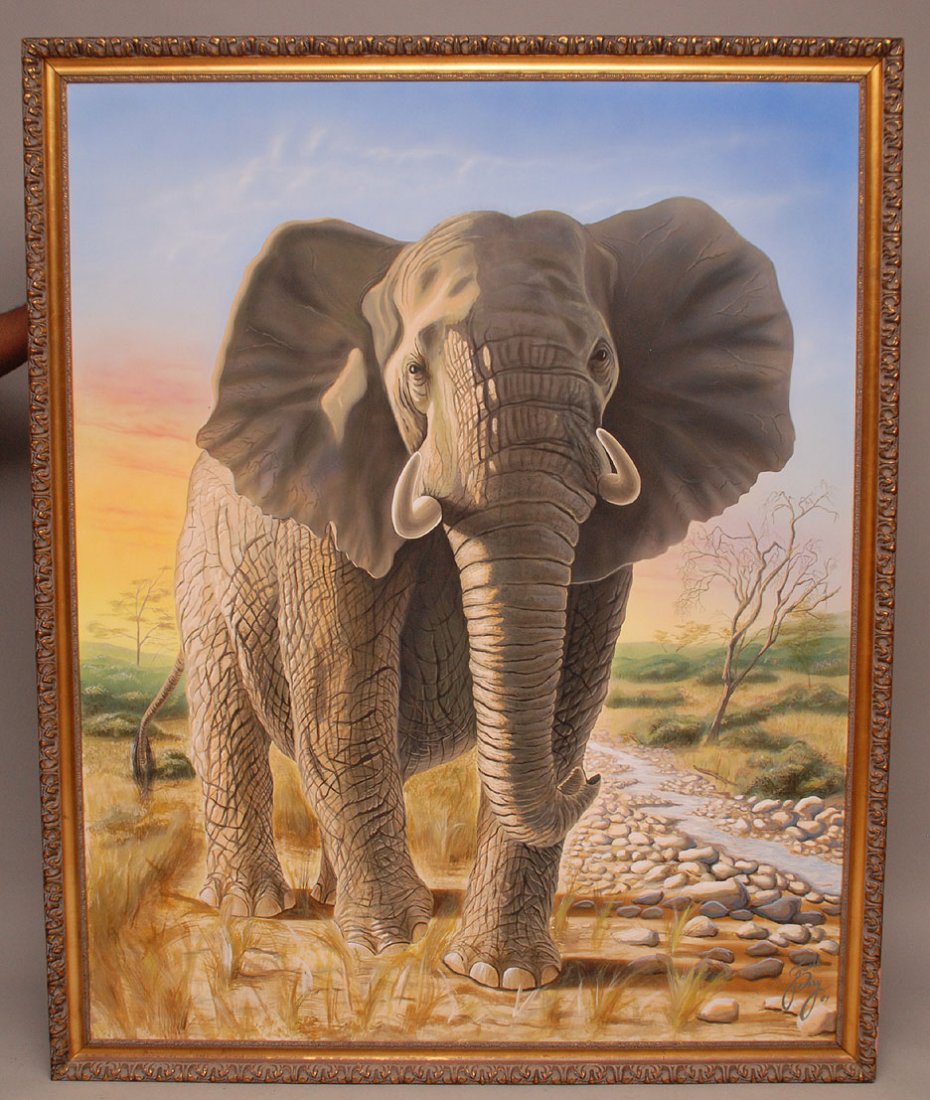 Elephant in Landscape by Farwell Perry, dated '84, oil : Elephant in Landscape by Farwell Perry, dated '84, oil on canvas, 60" x 48"