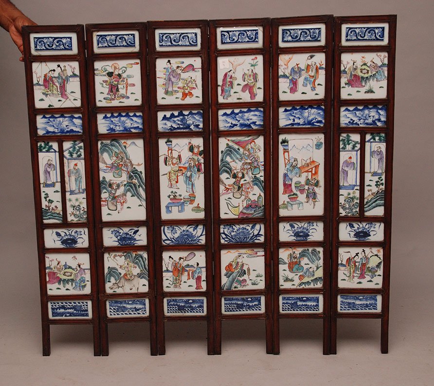 6 Panel Chinese Export Porcelain & Teak Screen. Condit: 6 Panel Chinese Export Porcelain & Teak Screen. Condition: 6 of the porcelain panels have cracks.