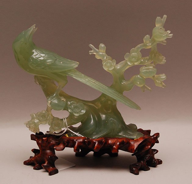 Jade Carving Bird and Flowers with fitted custom base. : Jade Carving Bird and Flowers with fitted custom base. Condition: good with minor losses. Ht. 5 3/4" Wth. 7"