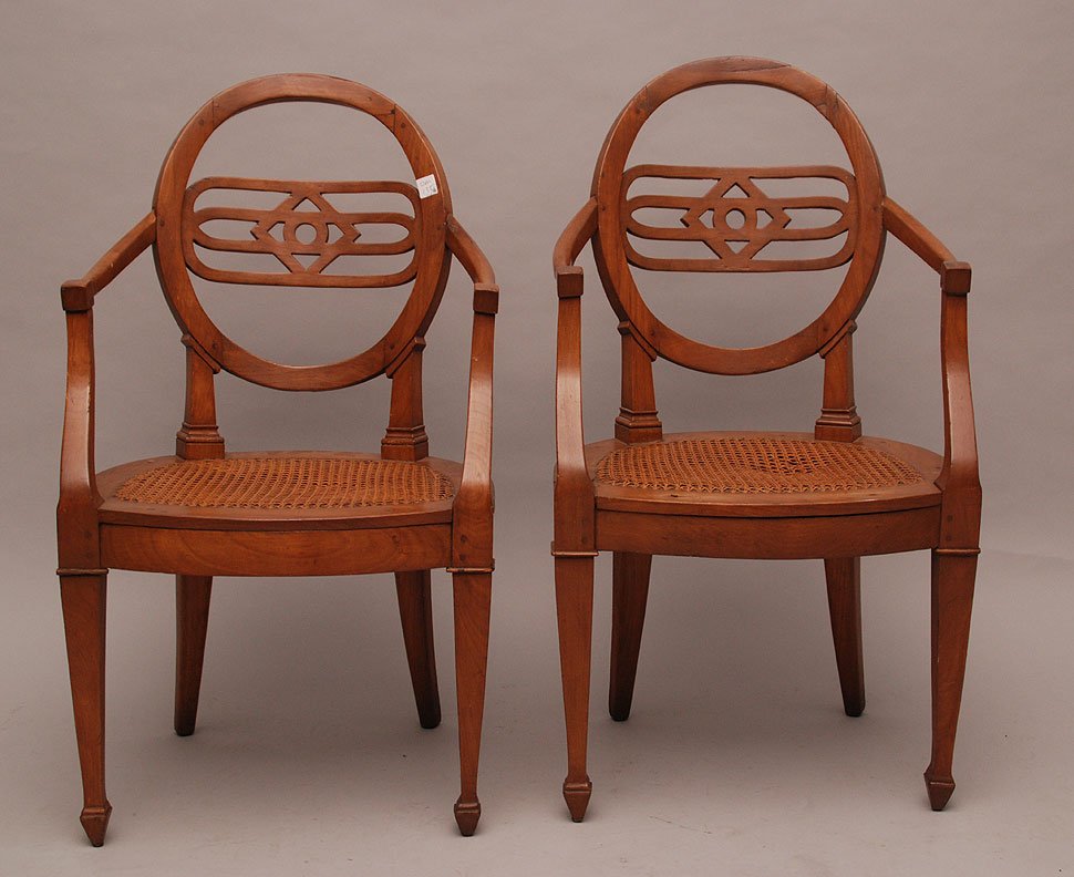 Pair 19th c. Biedermeier fruitwood arm chairs with circ: Pair 19th c. Biedermeier fruitwood arm chairs with circular backs, 33 3/4"h (good condition with normal wear)