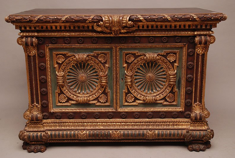 Spanish Baroque console, highly carved with laurel leaf: Spanish Baroque console, highly carved with laurel leaf, gadrooning, scrolling with painted and gilded accents, 32"h x 46"w x 25"d (missing board from back)