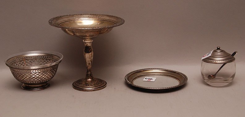 4 pieces, sterling compote (5 3/4"h), glass condiment d: 4 pieces, sterling compote (5 3/4"h), glass condiment dish with sterling top, glass dish with sterling frame and glass wine coaster with sterling rim