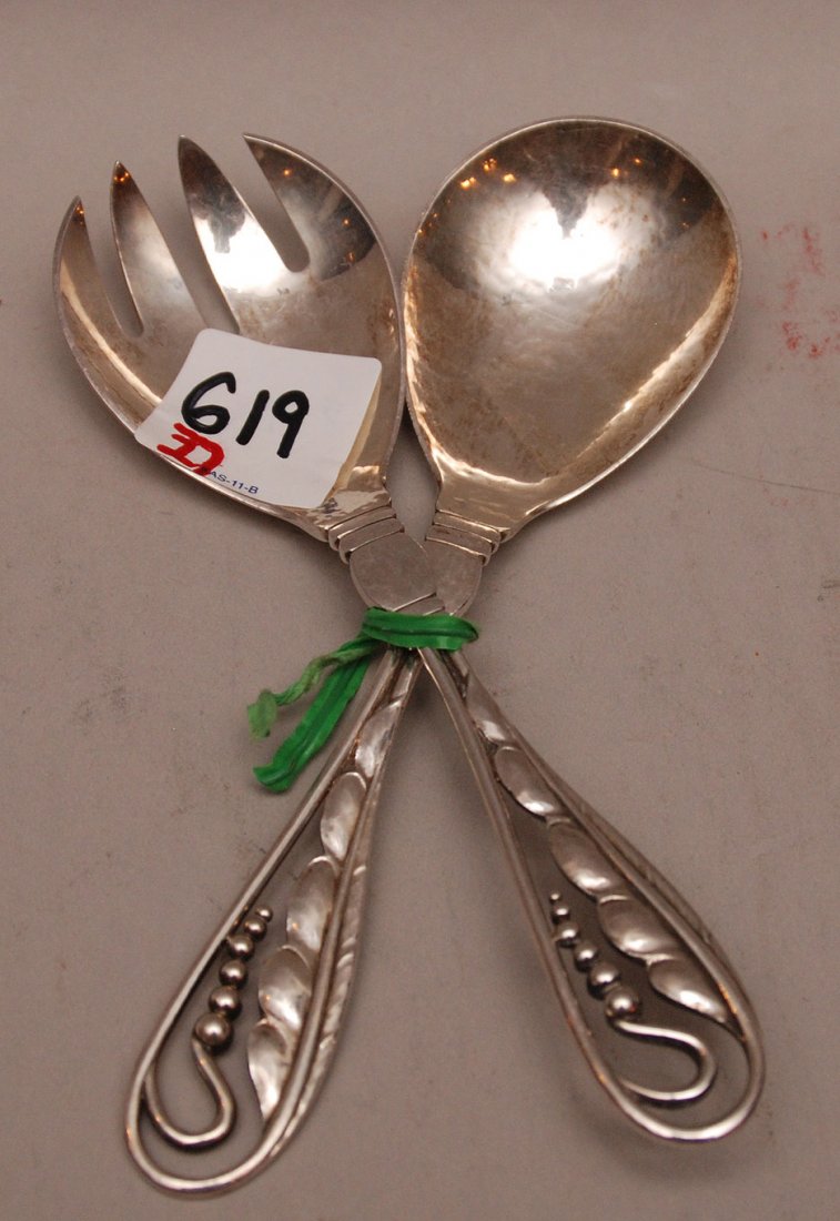 Georg Jensen 2 pc. Salad set, "Pers and Pod", 5 5/8"L: Georg Jensen 2 pc. Salad set, "Pers and Pod", 5 5/8"L