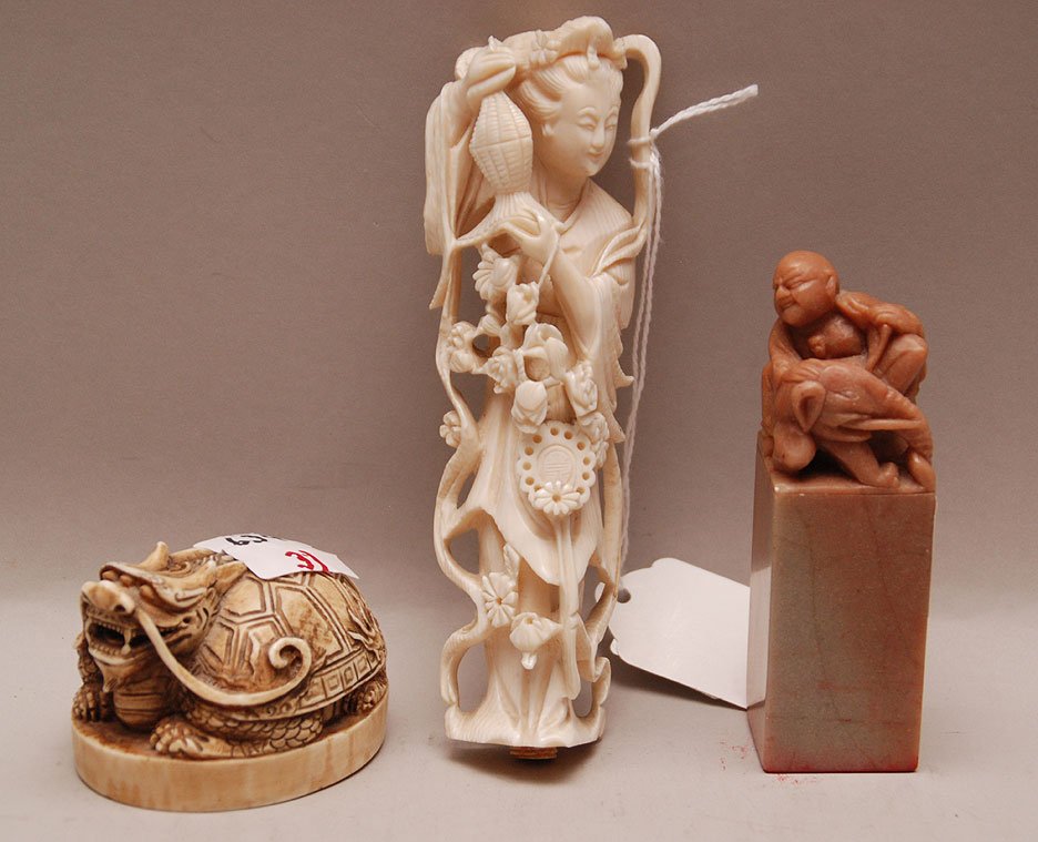 3 oriental pieces, Chinese carved Quan Yin (5 1/2"h), C: 3 oriental pieces, Chinese carved Quan Yin (5 1/2"h), Chinese carved stamp (2 1/2"h) and soapstone smiling buddha stamp (Frank II) (4"h)