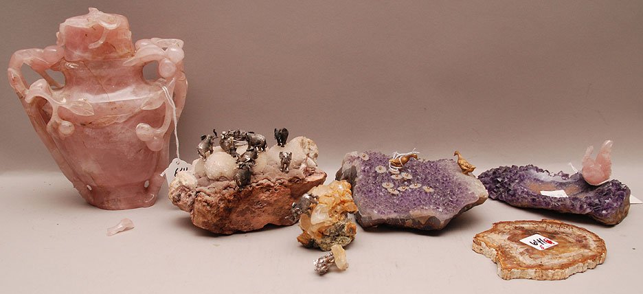 5 quartz pieces (amethyst, etc.) some with little anima: 5 quartz pieces (amethyst, etc.) some with little animal figures AND rose quartz vase, 8 1/4"h (some damage)