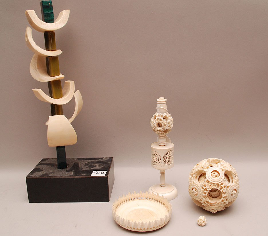 Carved puzzle ball (11 1/2"h) and modern carved sculptu: Carved puzzle ball (11 1/2"h) and modern carved sculpture (12"h)