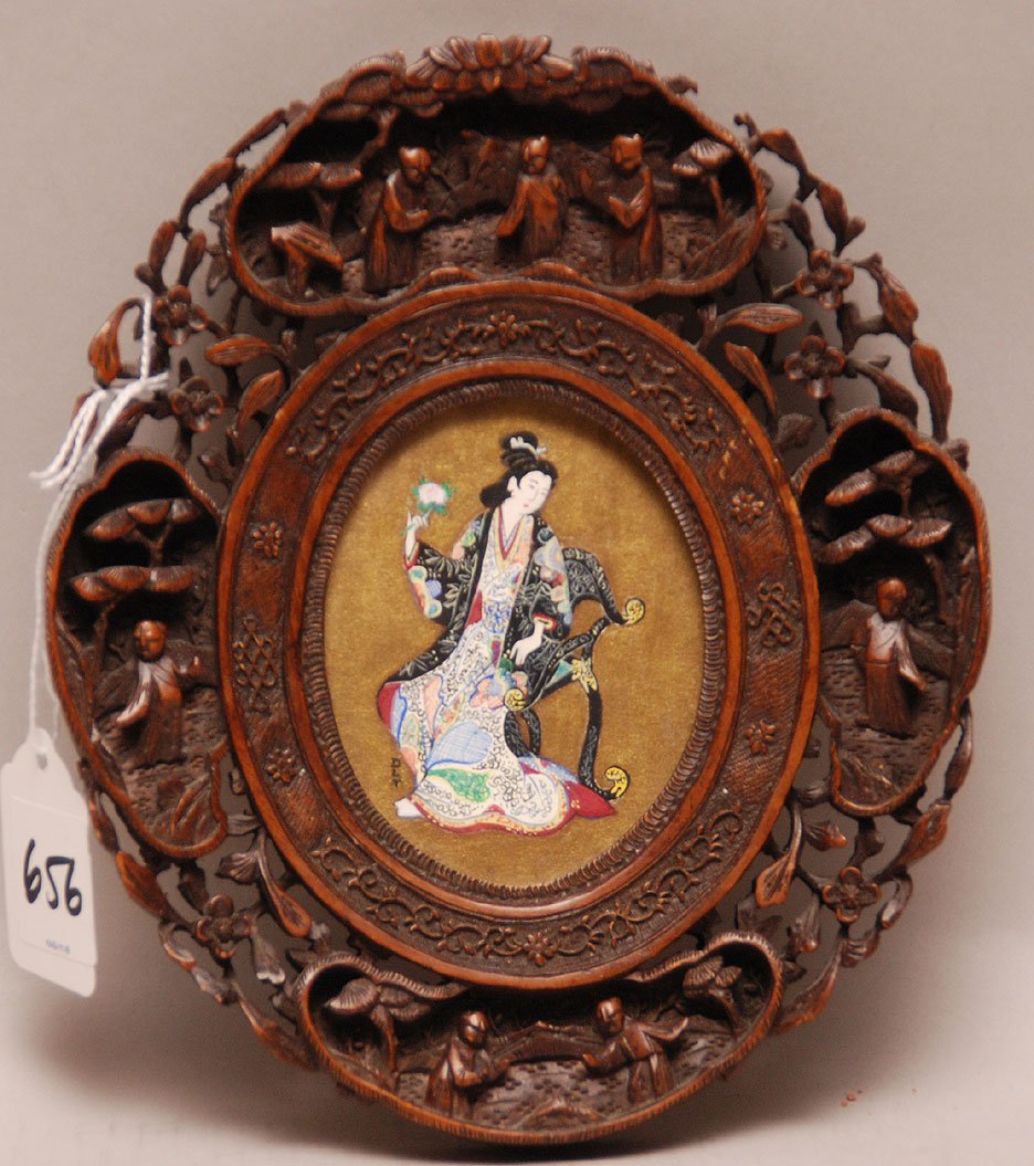 Chinese hand painted carved frame, 7"h x 6 1/4"w: Chinese hand painted carved frame, 7"h x 6 1/4"w