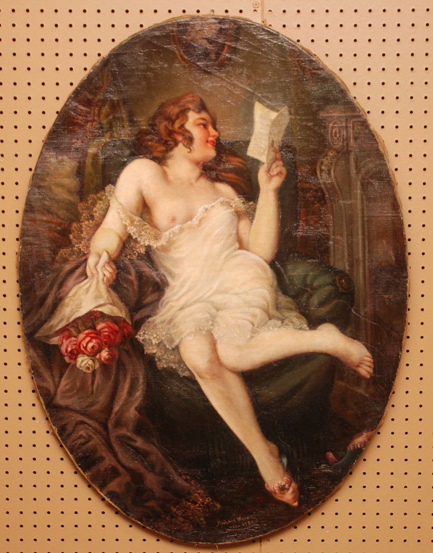 Richard Weidt, Vienna 1889, oil on canvas, sexy young l: Richard Weidt, Vienna 1889, oil on canvas, sexy young lady reading letter, approx. 38" x 28"