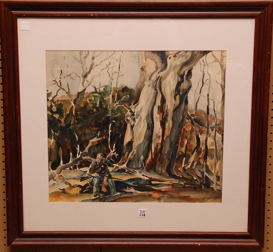 Watercolor, John Edward Costigan (American), 1888-1972,: Watercolor, John Edward Costigan (American), 1888-1972, Hunter in the woods, 19" x 22" (sight)