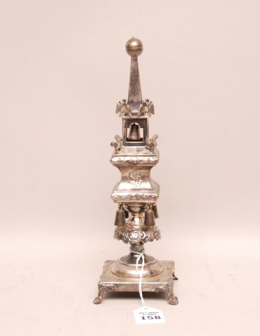 Sterling Silver Spice Tower for Havdalah: Sterling Silver Spice Tower for Havdalah with service bells. Condition: good. Ht. 10 1/2" 10oz Troy. Comes w/ a copy of an old appraisal for $1800