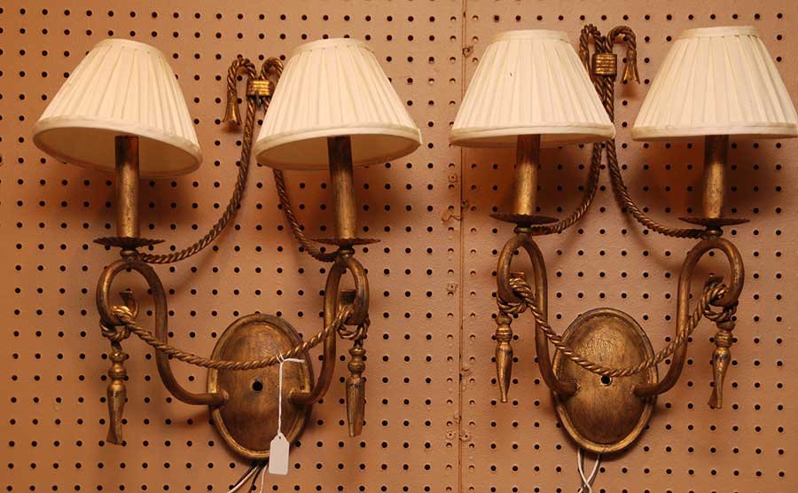 Pair 2 Light Gilt Metal Sconces. Condition: good. Ht. : Pair 2 Light Gilt Metal Sconces. Condition: good. Ht. 18"