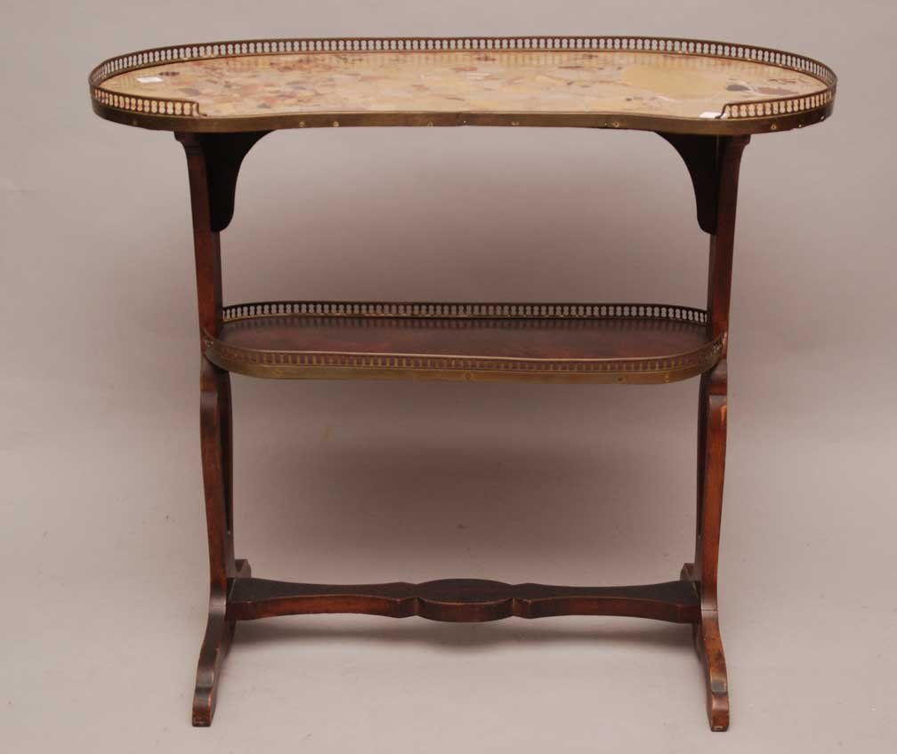 2 tier occasional arm chair table, kidney shape, marble: 2 tier occasional arm chair table, kidney shape, marble top with pierced gallery rim
