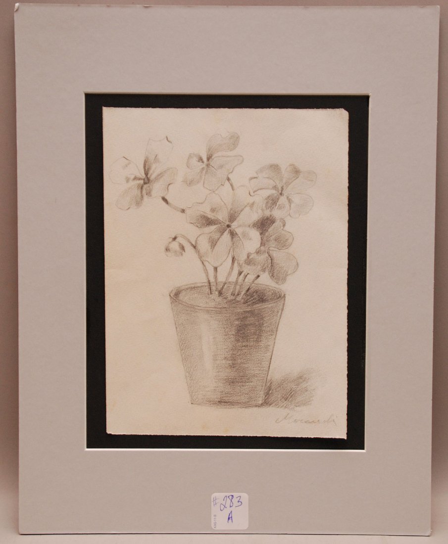 Giorgio Morandi (Italian 1890-1964) potted flowers, pen: Giorgio Morandi (Italian 1890-1964) potted flowers, pencil on paper, signed, image size 8 3/4" x 6 1/2"