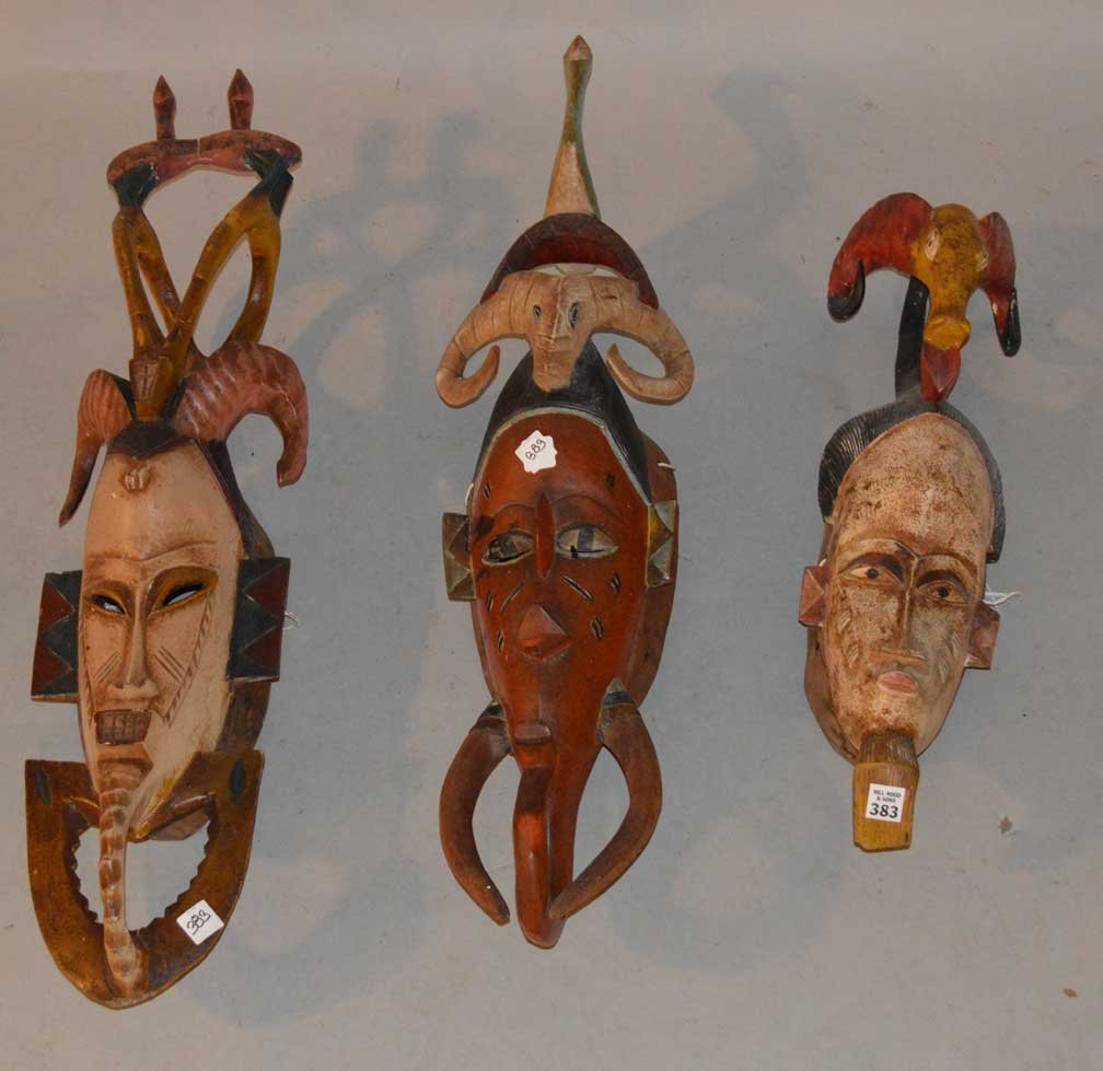 Lot of 3 painted elaborate African masks: Lot of 3 painted elaborate African masks