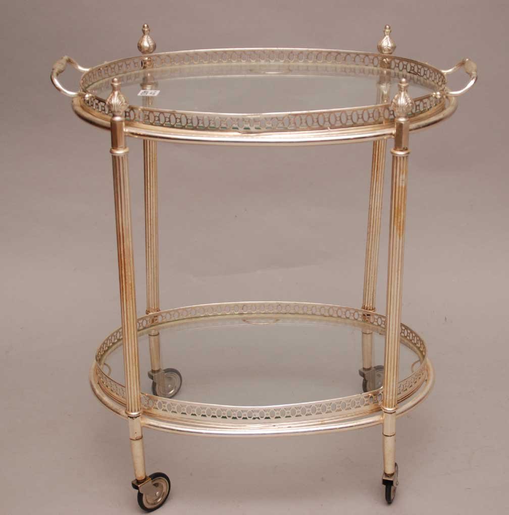 Silvered 2 tier tea cart on wheels: Silvered 2 tier tea cart on wheels