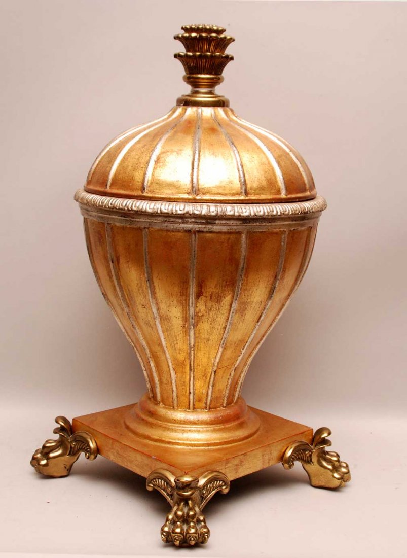 Maitland Smith Gilt Covered Urn with bronze paw feet. : Maitland Smith Gilt Covered Urn with bronze paw feet. Condition: good. Ht. 21"