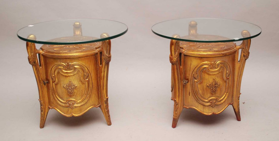 Pair decorative gilded small tables with hinged door an: Pair decorative gilded small tables with hinged door and glass top, 21"h