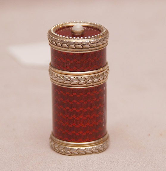 Russian Silver and Red Enamel cylindrical pill box: Russian Silver and Red Enamel cylindrical pill box/container. Stamped 88 Faberge, Condition: very good. Ht. 2 1/4\"