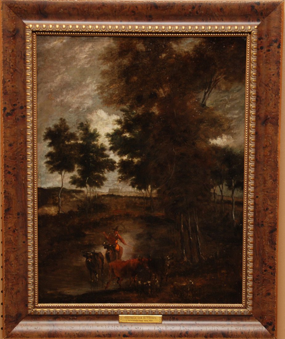SALOMON VAN RUYSDAEL, attributed, Dutch 1602 – 1670, “: SALOMON VAN RUYSDAEL, attributed, Dutch 1602 – 1670, “Landscape With Herder Of Cows and Sheep” (Also known as “Boslandschap Met Vee”), circa 1660 ‘s, a very old oil on re-lined canvas 22 1