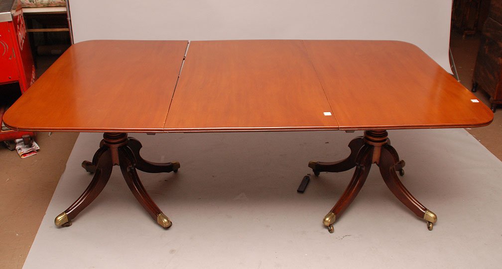 Mahogany Duncan Phyfe style, 3 part dining table, doubl: Mahogany Duncan Phyfe style, 3 part dining table, double pedestal