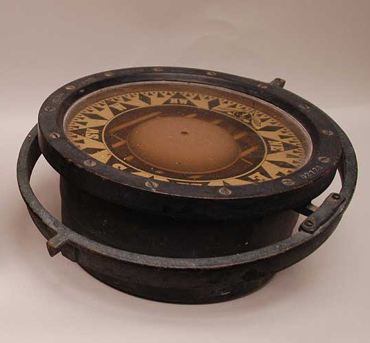 Antique Ships Compass. Condition: showing understandab: Antique Ships Compass. Condition: showing understandable wear. Please review the piece and photos. Ht. 4 3/4" Dia. 11"