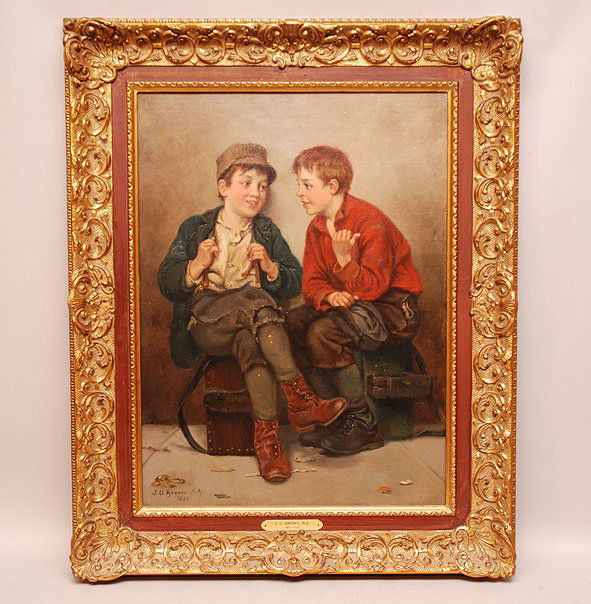 John George Brown (American 1831 - 1913) oil on canvas: John George Brown (American 1831 - 1913) oil on canvas, "Friends", canvas size 24" x 18" Provenance: Maxwell Galleries San Francisco, label on reverse also appraisal letter from gallery from when clie
