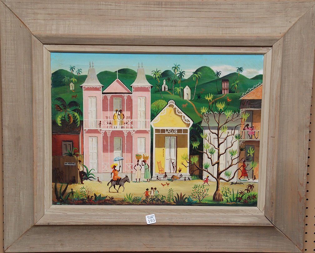 Orville Bulman (American 1904-1978) oil on canvas, Cari: Orville Bulman (American 1904-1978) oil on canvas, Caribbean Scene, canvas size is 18" x 24" original Bulman frame