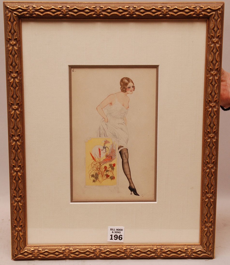 Alberto Vargas (American 1896 - 1982) Watercolor on pap: Alberto Vargas (American 1896 - 1982) Watercolor on paper, Girl in Stockings behind fire screen, monogrammed lower right. provenance: Charles Martinetti estate, 8-1/4" x 5" sight