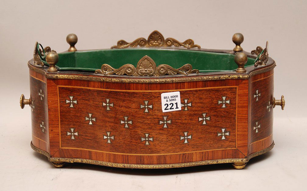 Napolean III inlaid and bronze mounted planter with ori: Napolean III inlaid and bronze mounted planter with original liner, 6 3/4"h x 16"w x 9 1/2"d