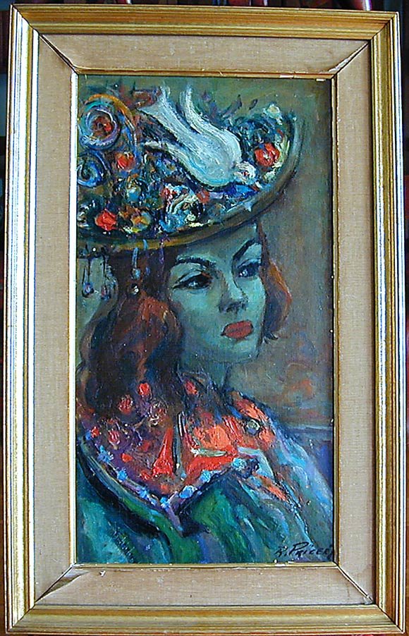 Raphael Pricert (Russian/French 1905-1967) Lady Oil A f: Raphael Pricert (Russian/French 1905-1967) Lady Oil A fun and lively oil on canvas board painting by the renowned French painter R. Pricert depicting a fashionable lady in an exotic hat with large whi