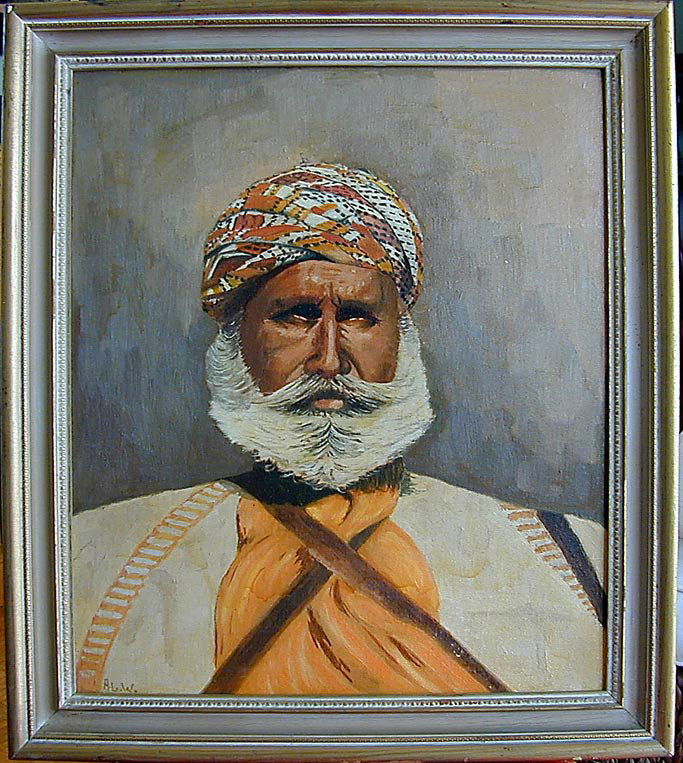 Signed Oil Portrait Afghan Tribal Man Dramatic oil on c: Signed Oil Portrait Afghan Tribal Man Dramatic oil on canvas portrait of an Afghan man with turban; signed with initials A.L.W.; image measurements:18" x 15.5".