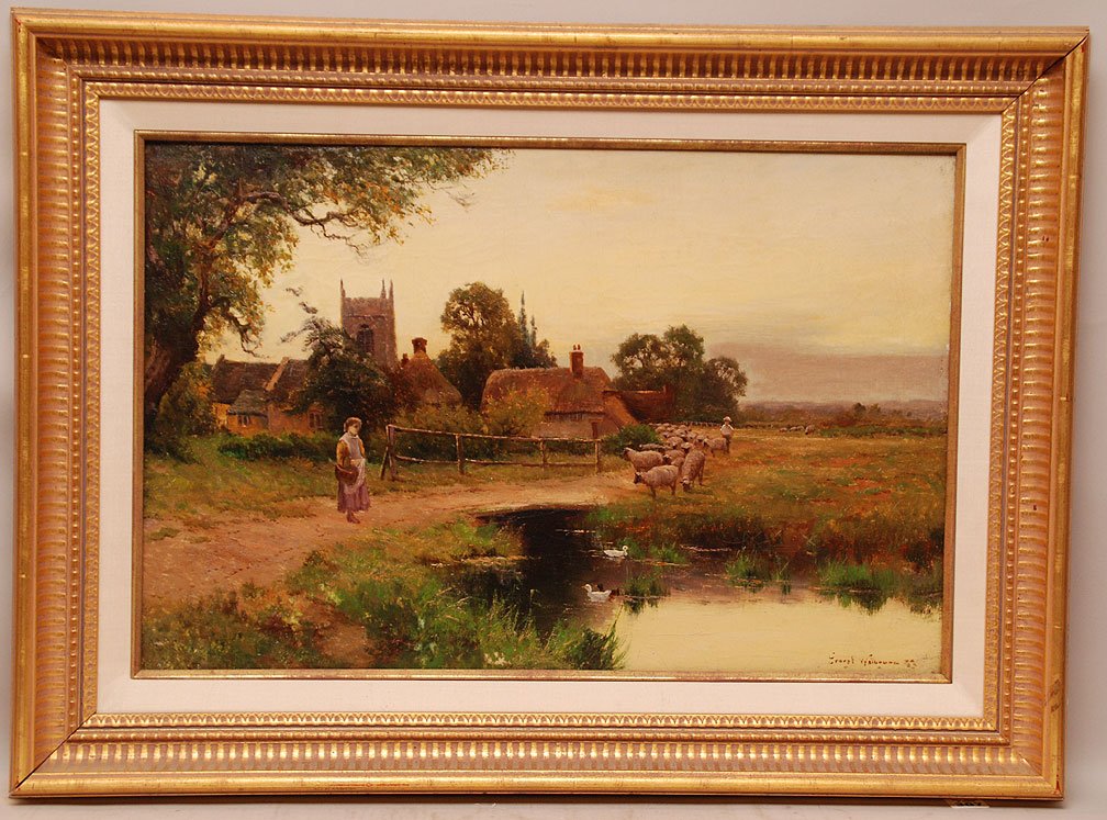 Ernest Walbourn (British 1872 - 1927) oil on canvas la: Ernest Walbourn (British 1872 - 1927) oil on canvas laid on board, Farm with a young lady at a duck pond, 16-1/2" x 24-1/2"