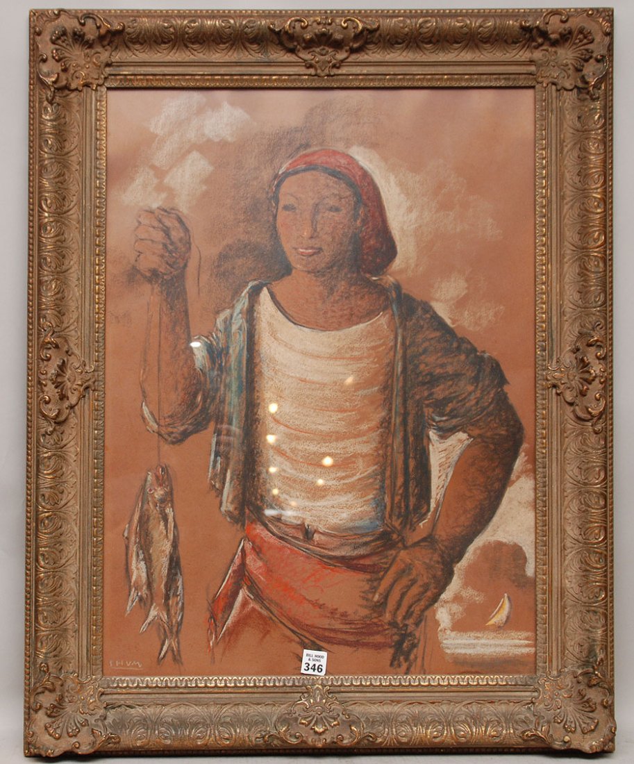 Signed SHVM early 20thc Portrait Pastel Fisherman Conti: Signed SHVM early 20thc Portrait Pastel Fisherman Continental school character study of a male fisherman holding his catch; image: 18.5" x 26", original period frame.