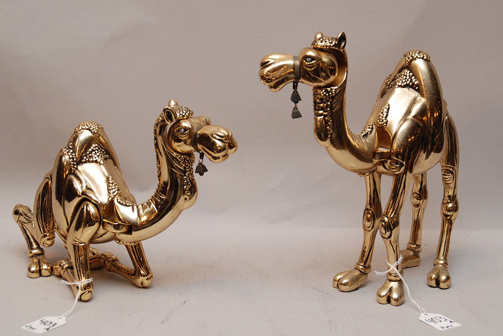 Two Frank Meisler Gilt Metal Camel Sculptures. Conditi: Two Frank Meisler Gilt Metal Camel Sculptures. Condition: normal wear. Taller Ht. 11 1/2" W. 10 1/2" D. 3" Shorter Ht. 8 1/4" W. 12" D. 3"