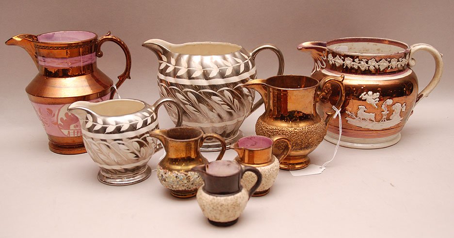 Lot of 19th c. copper Lustre ware consisting of 8: Lot of 19th c. copper Lustre ware consisting of 8 pieces 6 1/4"h largest (minor normal wear)
