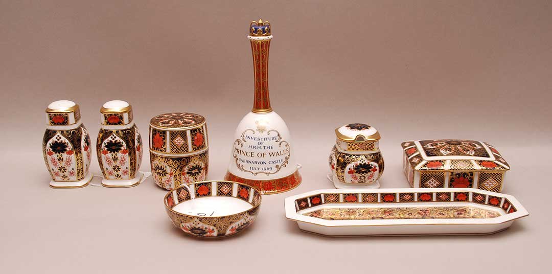 8 Pieces Royal Crown Derby Imari Porcelain. Salt &: 8 Pieces Royal Crown Derby Imari Porcelain. Salt & Pepper Shakers Ht. 3 3/4" 1 Tray Lth. 9 1/2" 1 Lighter Ht. 3 1/4" 1 Box 4 1/2" x 4" 1 Mustard Jar Ht. 2 1/2" 1 Small Bowl Dia. 3 3/4" and 1 Prince of