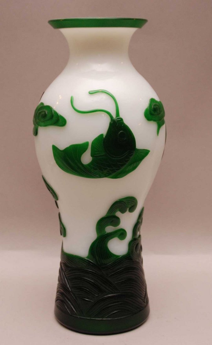 Large Peking Glass Vase with green decoration on a: Large Peking Glass Vase with green decoration on a white ground. Condition: good with minor normal wear. Ht. 13 1/4"