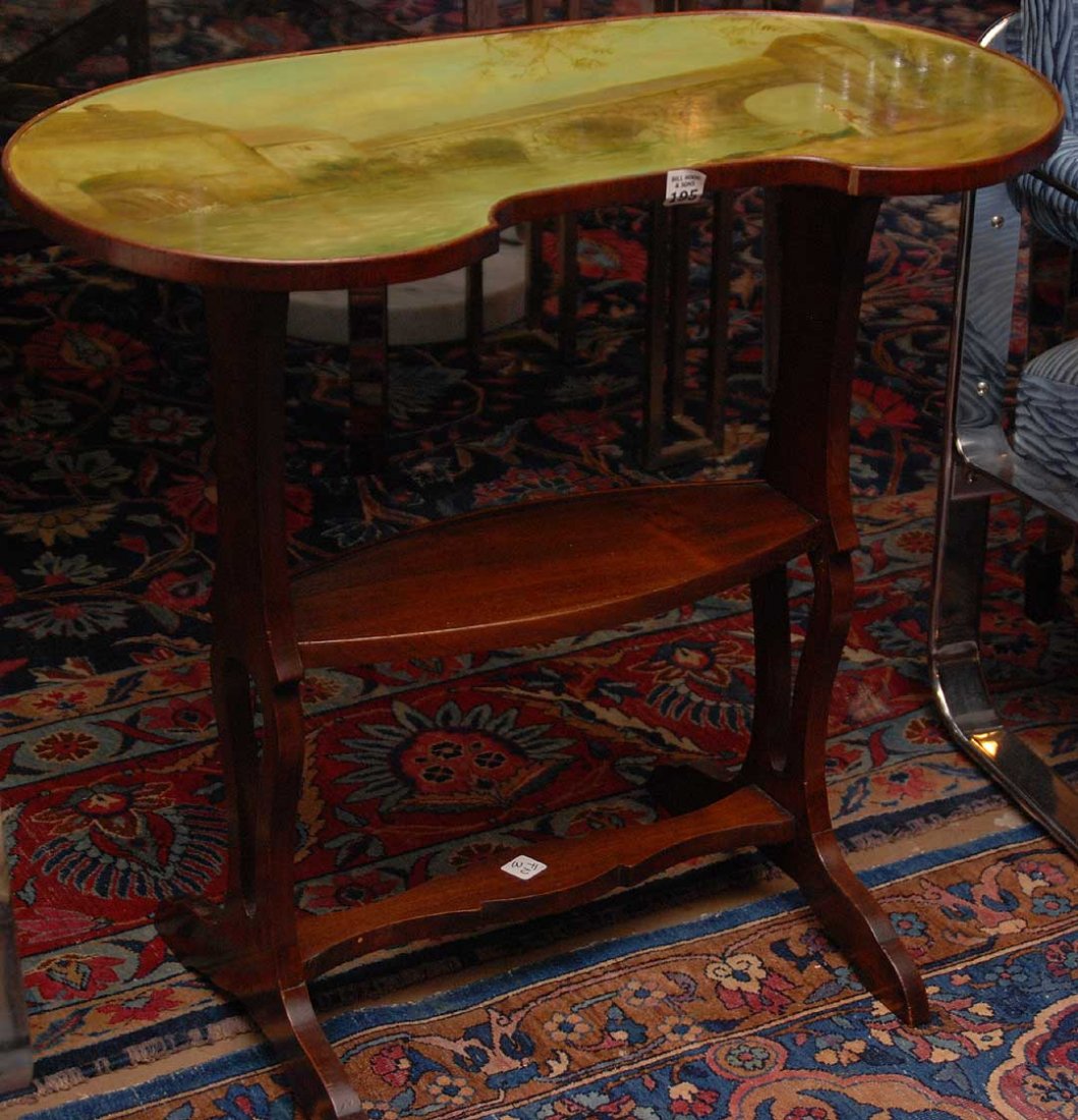 Occasional table hand painted Continental landscape: Occasional table hand painted Continental landscape design on surface 26 1/2"h x 28"w x 12"d