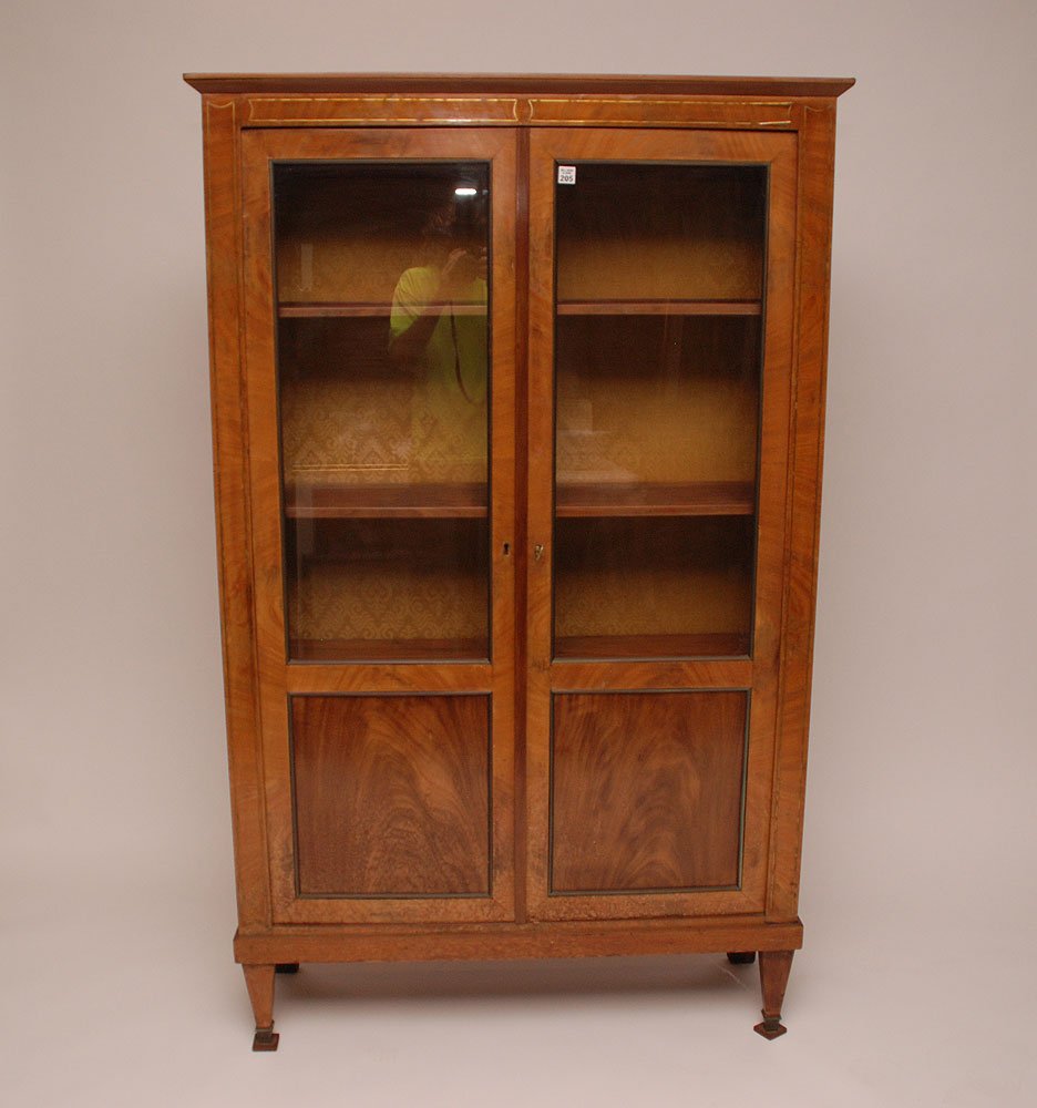 Biedermeier style display cabinet brass stringing (some: Biedermeier style display cabinet brass stringing (some lifting) 67"h x 39 1/4"w x 13"d